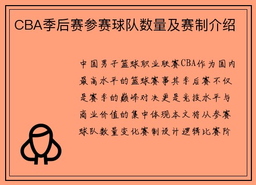 CBA季后赛参赛球队数量及赛制介绍