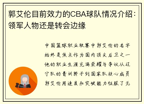 郭艾伦目前效力的CBA球队情况介绍：领军人物还是转会边缘