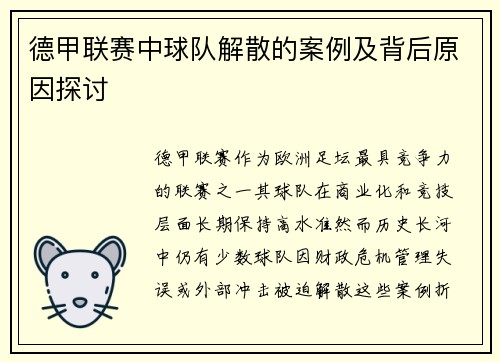德甲联赛中球队解散的案例及背后原因探讨